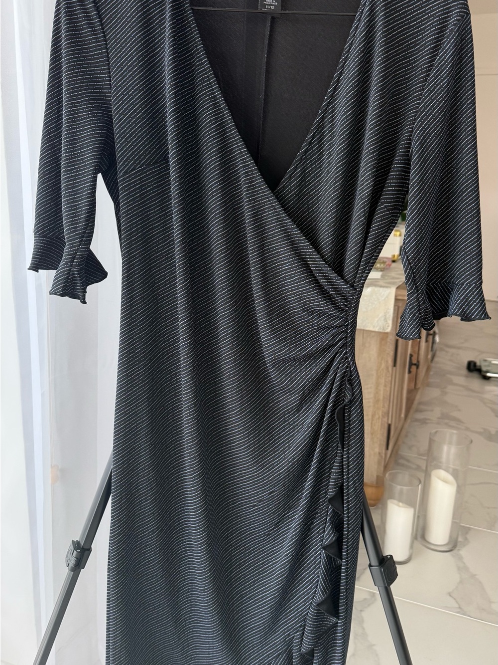 Express Black Blue Pinstripe Faux Wrap Ruffle Dress Size 11/12